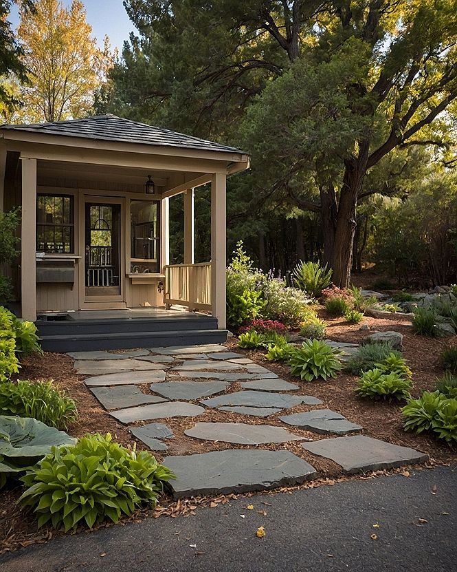 Curved wooden gazebo framing cream chairs amid slate pavers