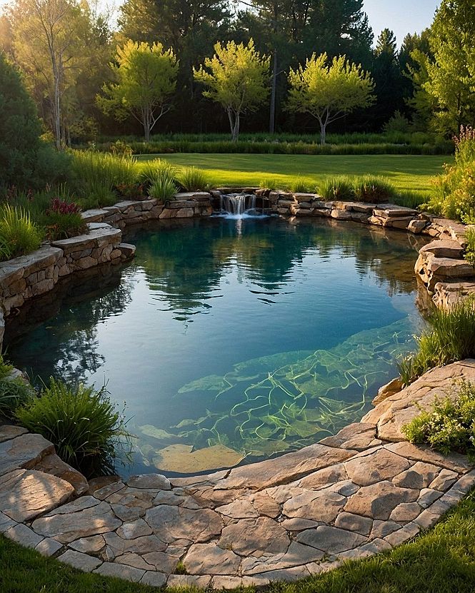 Sunlit stone pool bordered by wild meadow grasses
