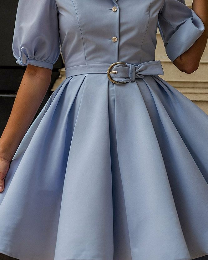 Adding A Belt To A Sky Blue Dress With Puff Sleeves