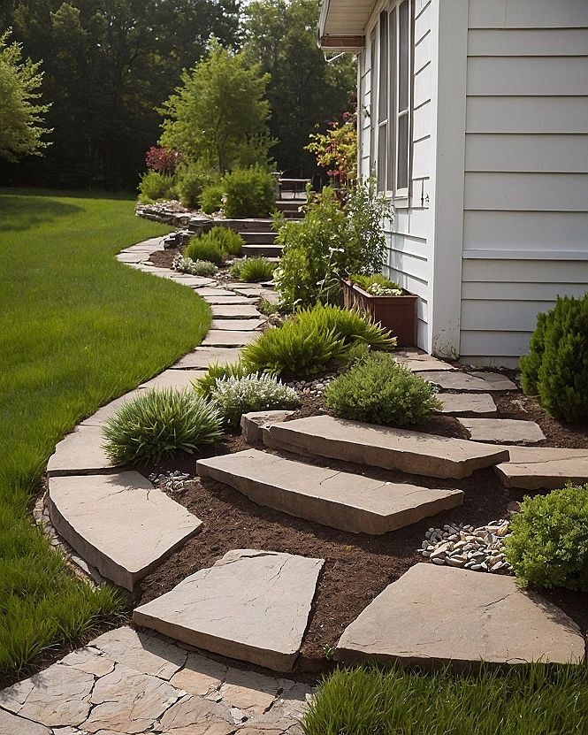 Framing Curved Stone Pathways with Low Maintenance Shrubs