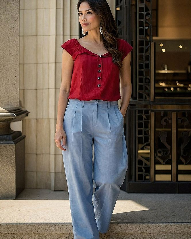 Styling Red Tops with Light Wash Wide Leg Denim