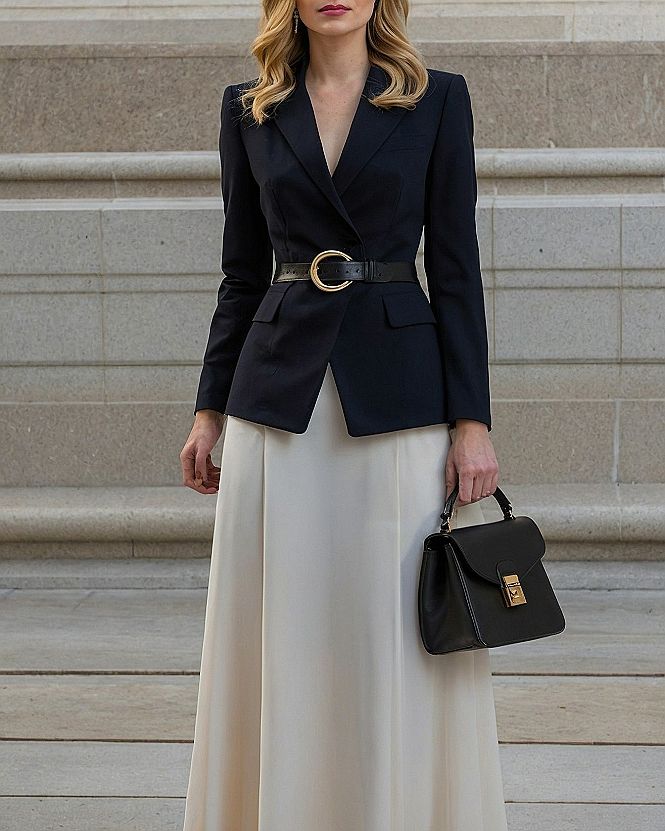 Styling A Belted Navy Blazer With A Flowing Long Skirt
