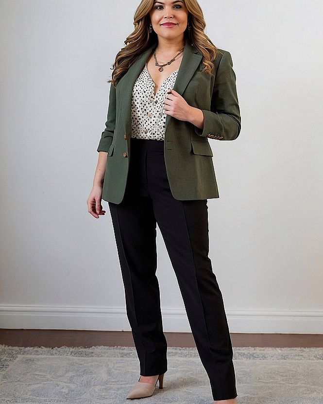 Layering an Olive Blazer Over Simple Work Pants