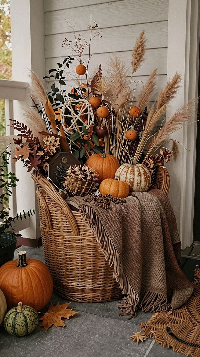 Creating a Festive Porch Throne With Wicker Baskets