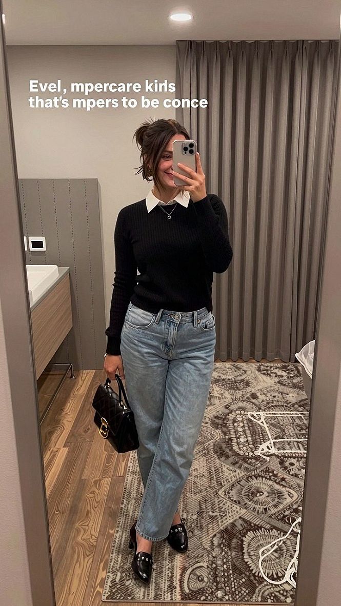 Pairing Relaxed Jeans With A Crewneck Sweater And Layered Collar