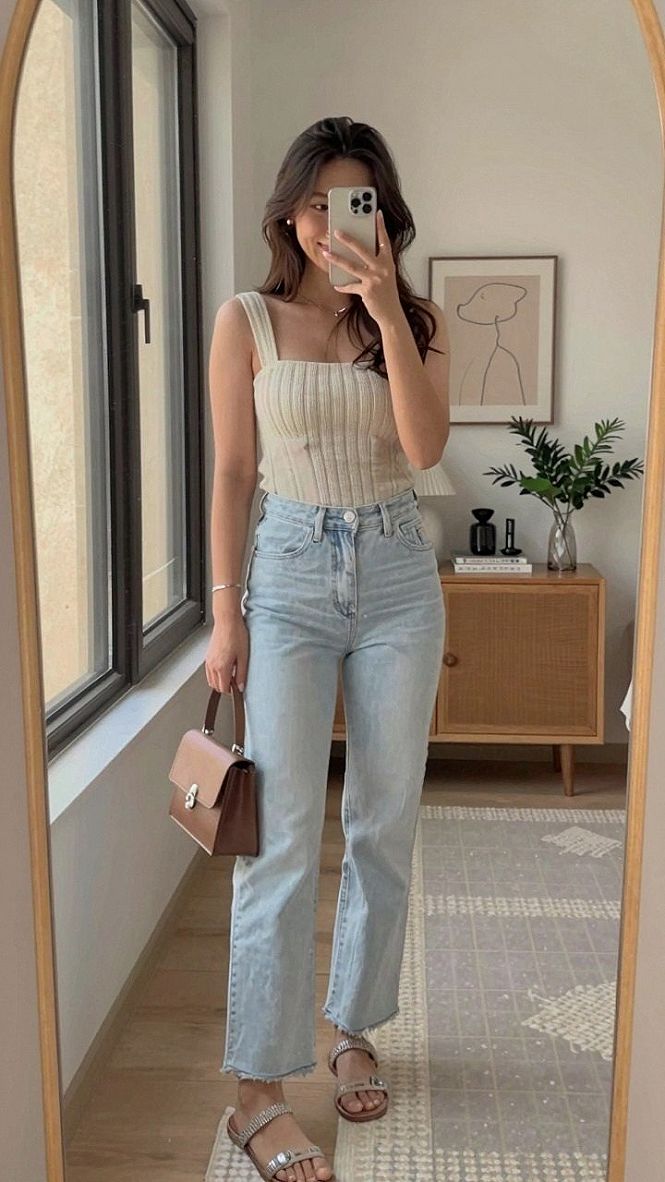 High Waisted Straight Jeans and Ribbed Tank Tops