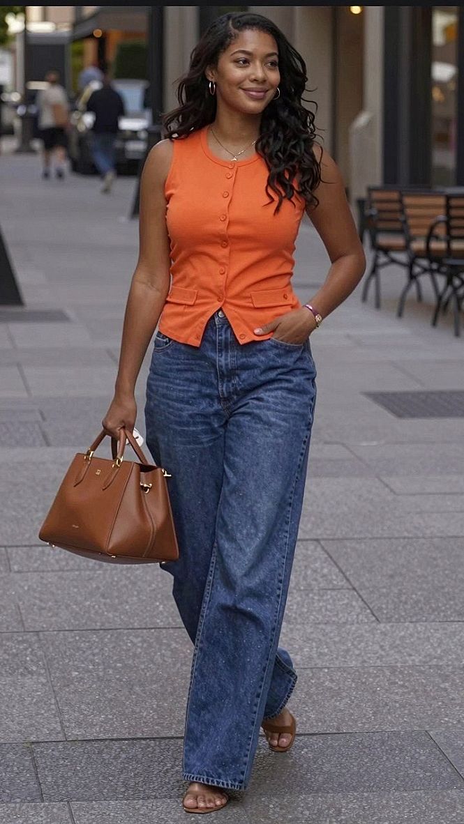 Adding A Bright Sleeveless Top To Straight Leg Denim