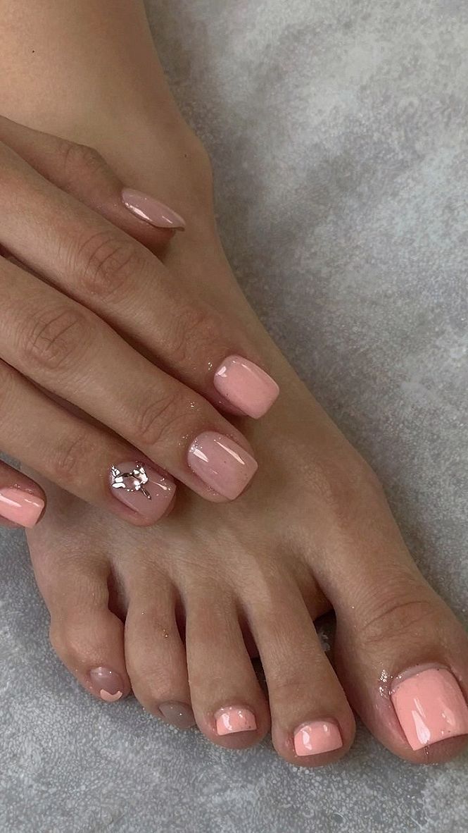 Adding Subtle Gem Accents To Pastel Coral Pedicures