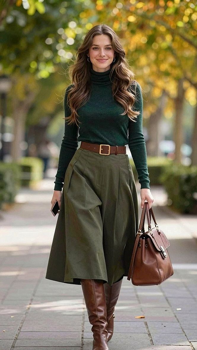 Styling A Green Turtleneck With A Pleated Midi Skirt