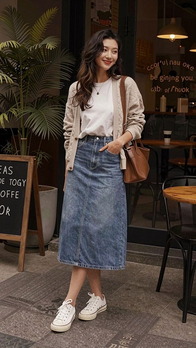 Pairing a Denim Midi Skirt with Sneakers for Running Errands