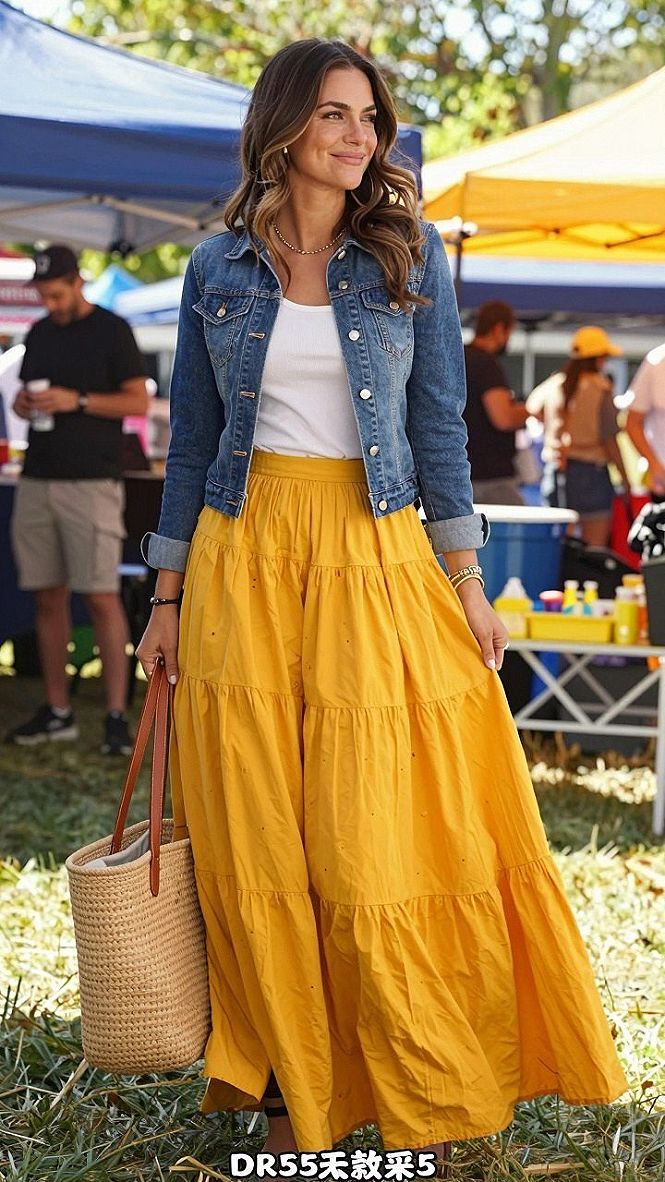 Pairing A Bright Tiered Skirt With A Denim Jacket