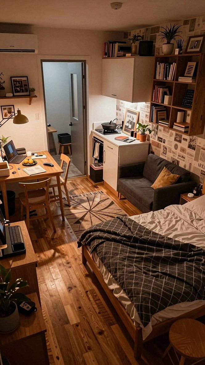 Creating Zones in a Studio Apartment with Wall Shelves
