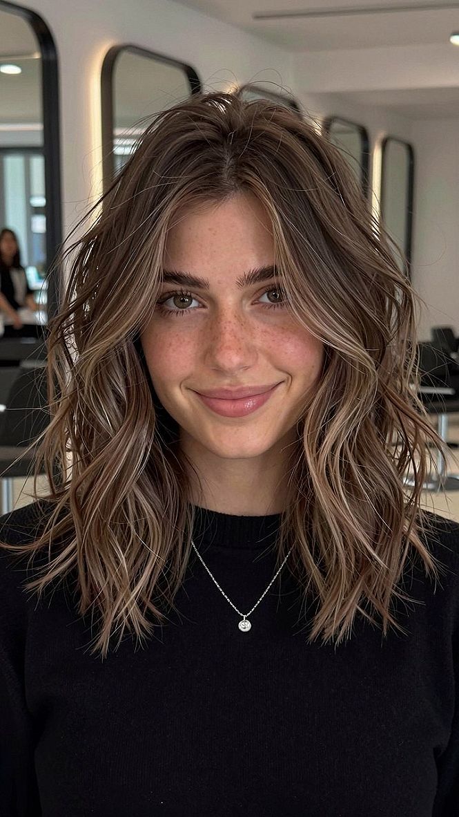 Natural Brown Collarbone Lob With Highlighted Curtain Bangs