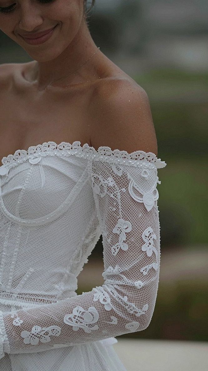Embracing Off the Shoulder Sleeves on an All Lace Wedding Gown
