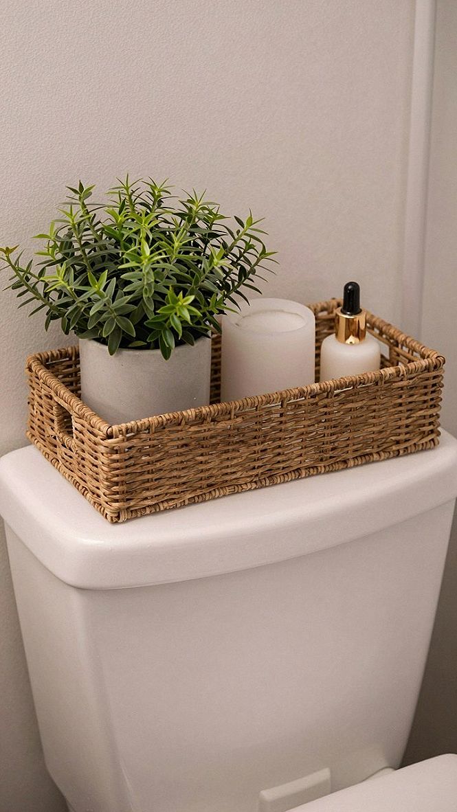 Using Woven Trays for Toilet Tank Storage and Bathroom Organization