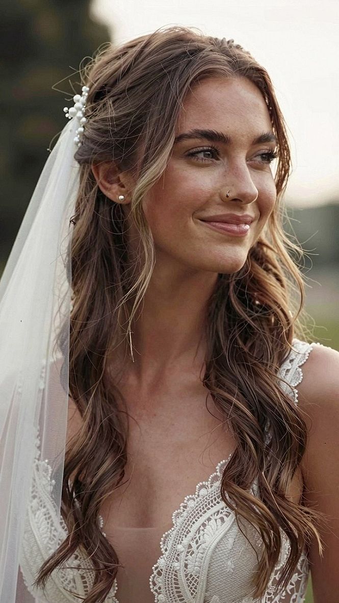 Half Up Half Down Bridal Hairstyle With Pearls and Waves
