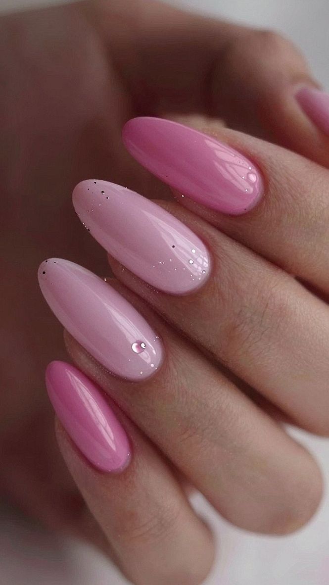Charming Pink Ombre Almond Nails With Tiny Gemstones