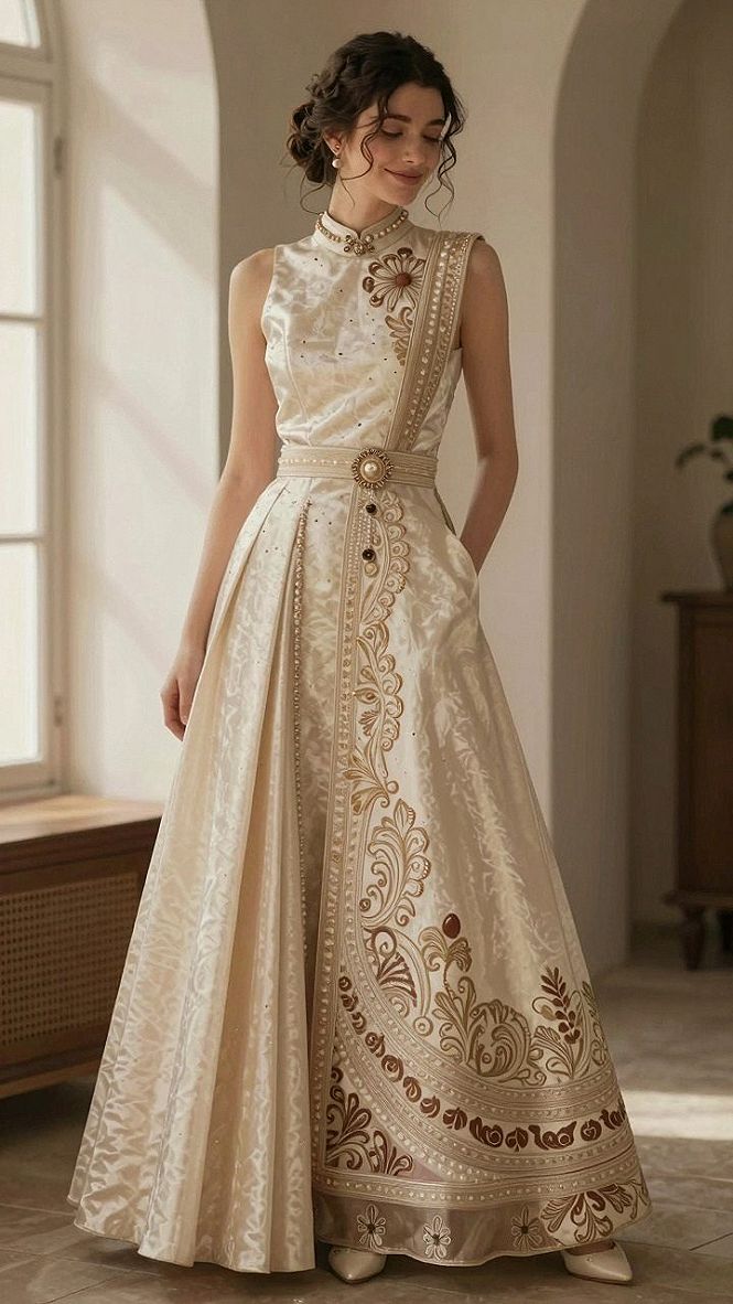 Styling High Neck Long Dresses with Traditional Embroidery