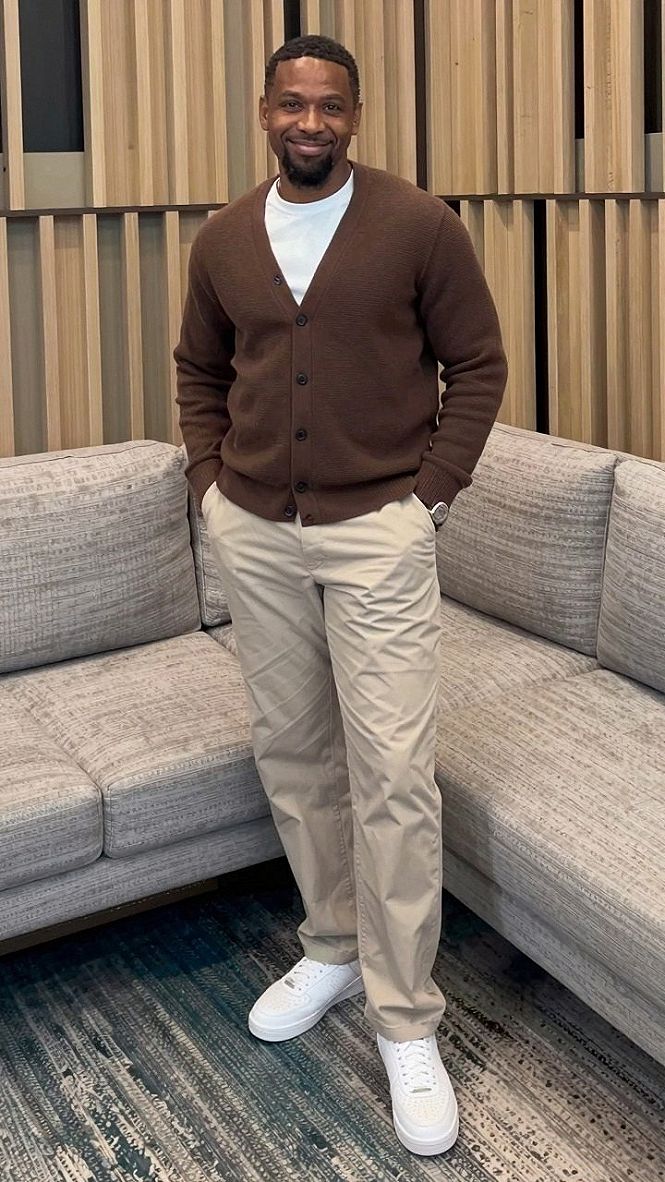 Layering a Brown Button Cardigan With Neutral Trousers