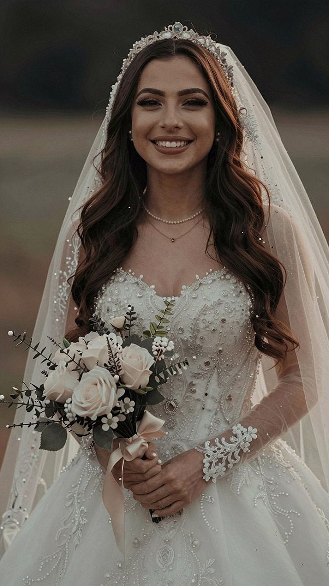 Pairing Long Loose Curls With a Crystal Bridal Tiara