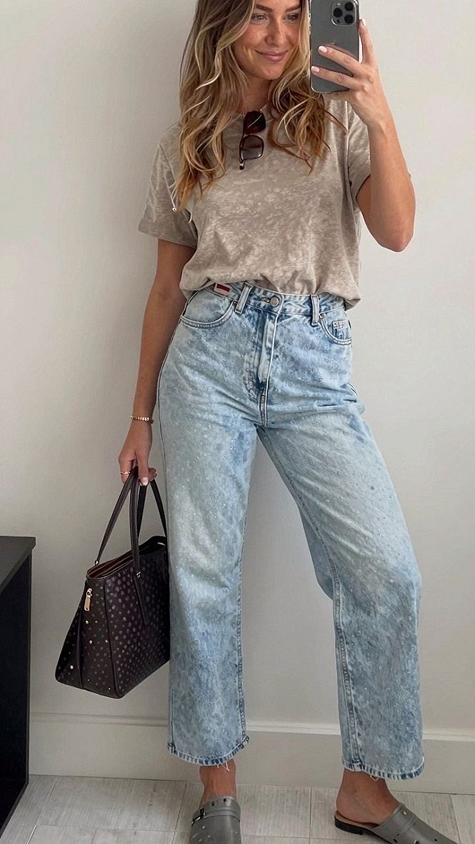 Pairing Simple T-Shirts With Straight Leg Denim And Clogs