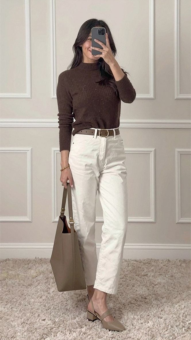 Pairing a Mock Neck Knit Top with Cream Pants