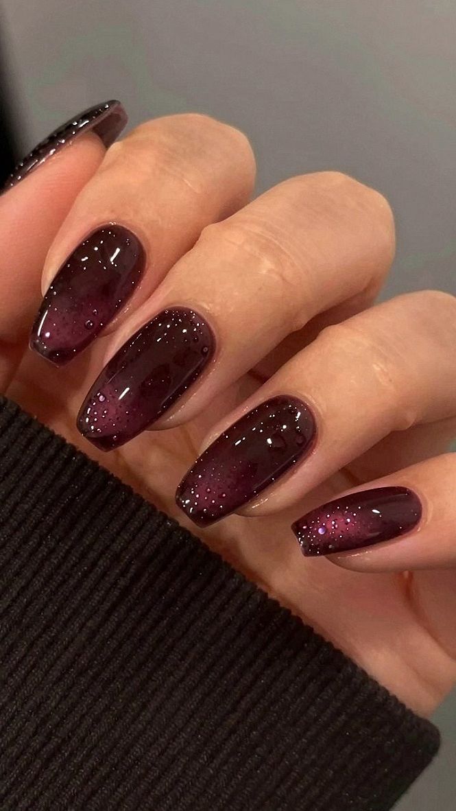 Dark Red Dewdrop Nails With Moody Rain Effects