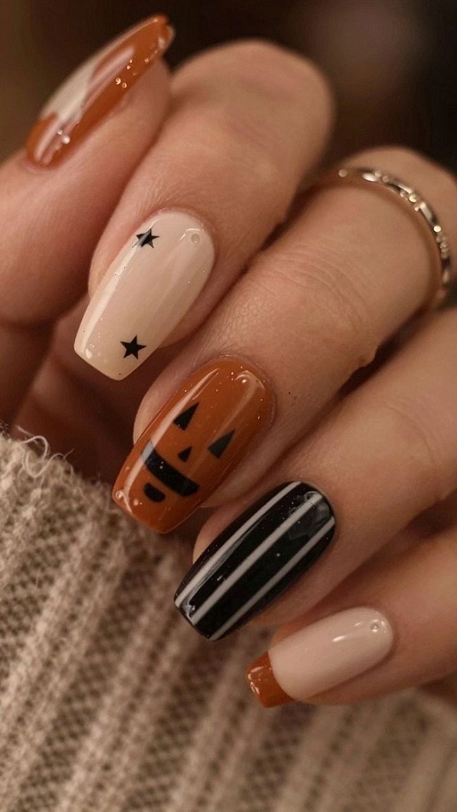 Fun Jack O Lantern Nail Art and Mixed Fall Patterns