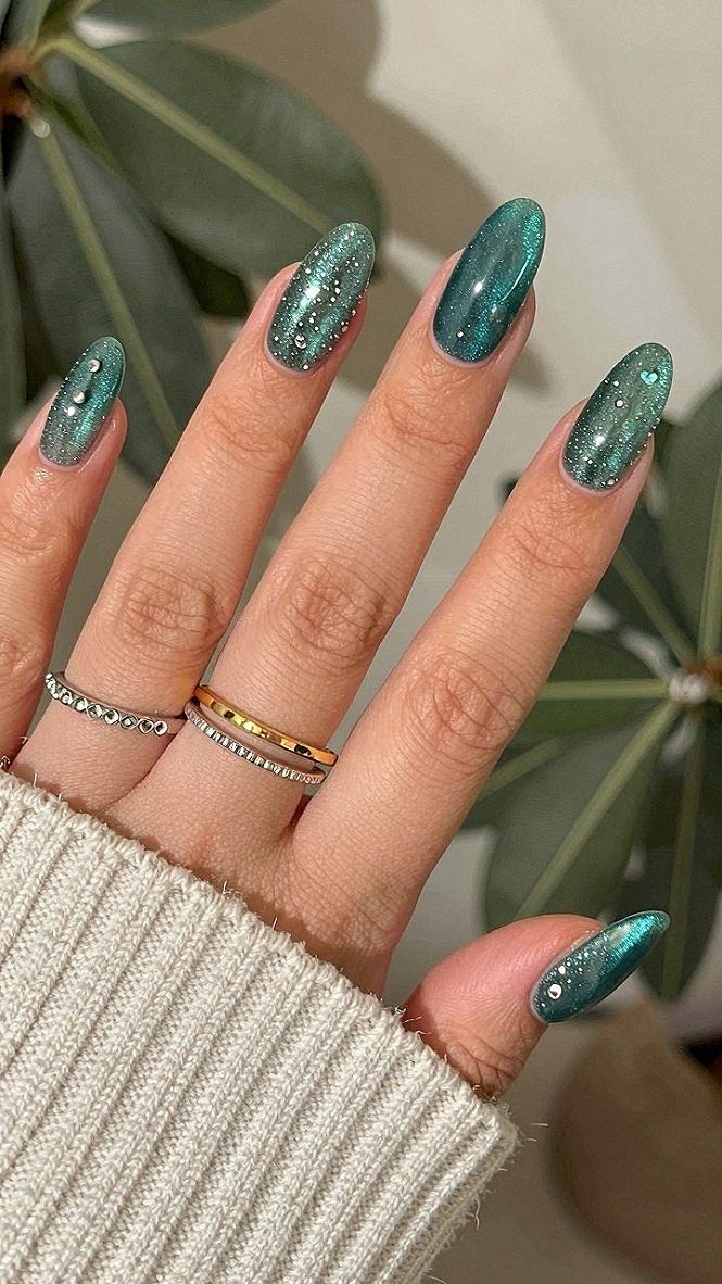 Adding Tiny Rhinestones to Forest Green Cat Eye Nails