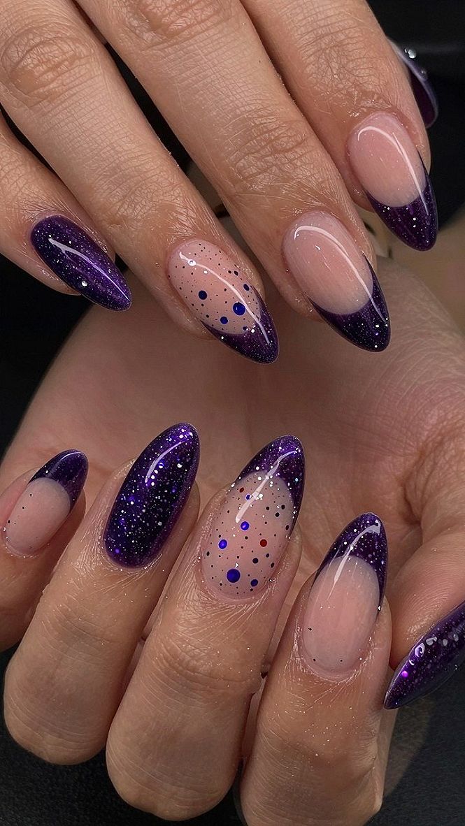 Glitter Tip Orange Nails with Spotted Accent Details