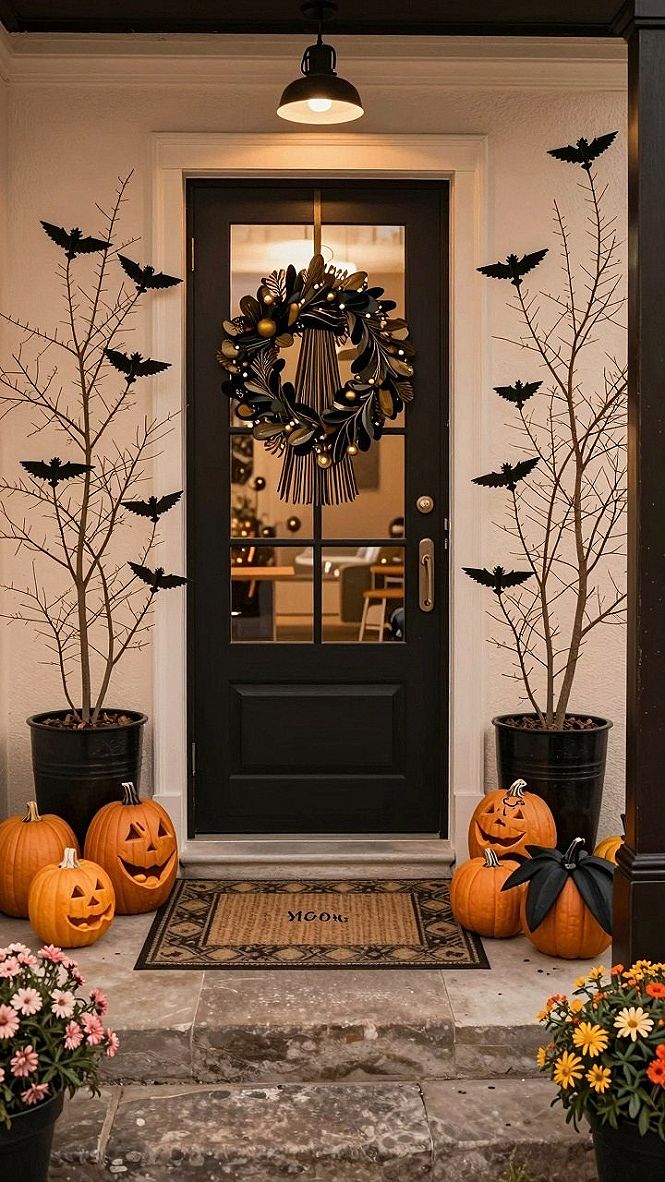 Framing the Front Entrance with Potted Branch Displays