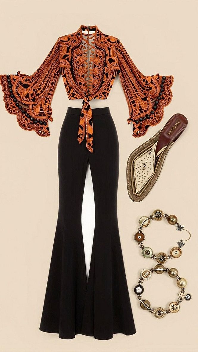 Styling Bell Bottom Jeans With an Ornate Tied Blouse