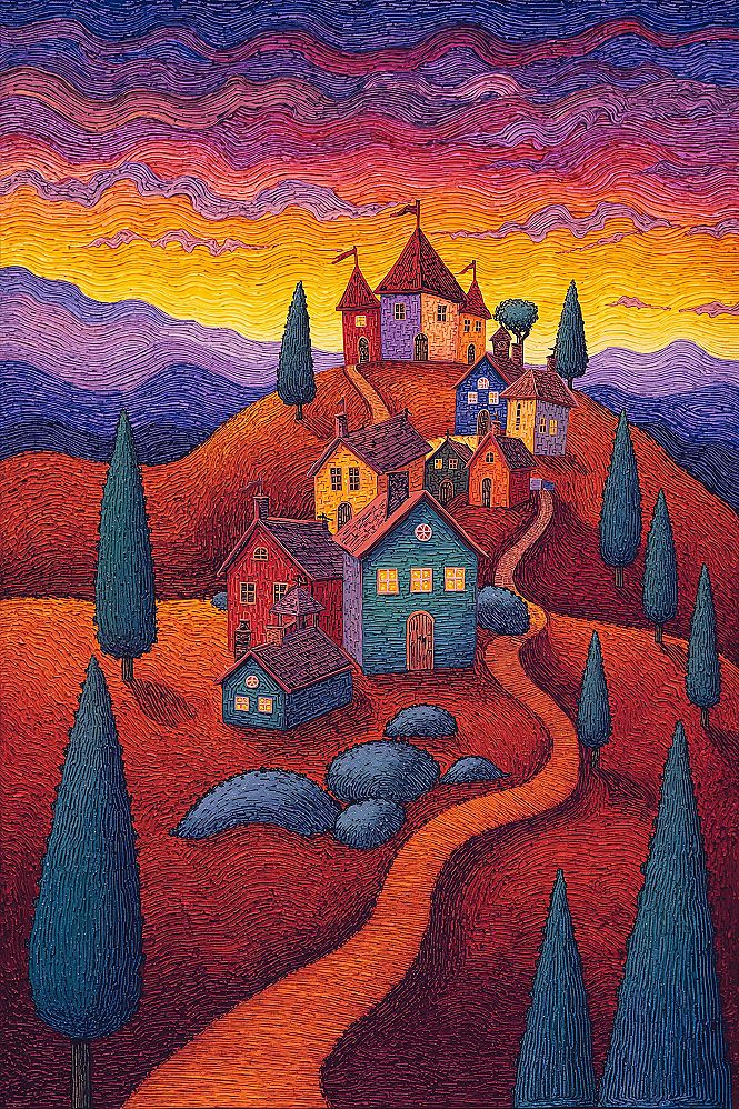 Vibrant Abstract Village: Picasso-Inspired Modern Architecture Art