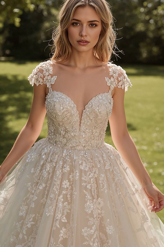 Fairytale Princess Wedding Gown: Champagne Lace & Sheer Bodice