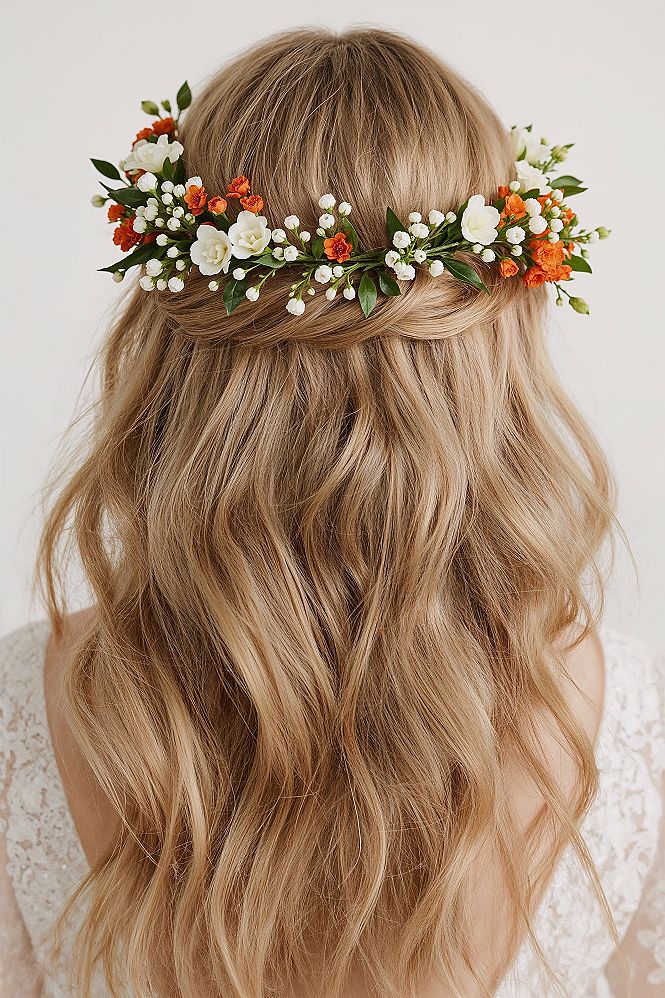 Whimsical Fairy Wedding Hairstyle with Floral Crown for Long Hair