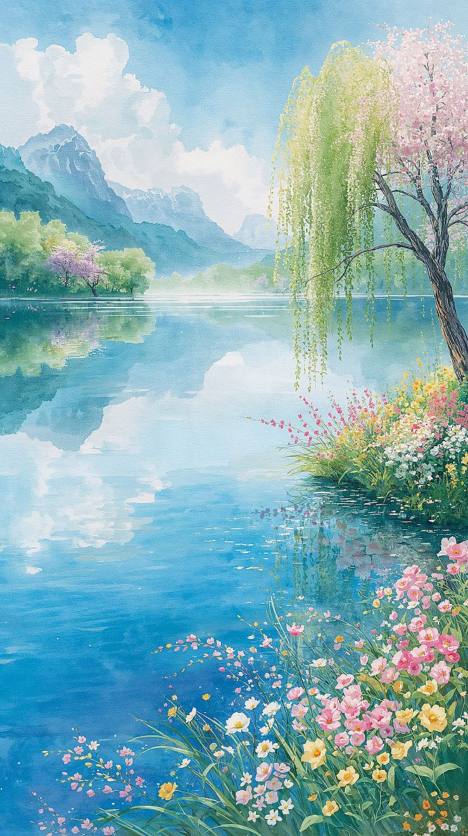 Bright & Clean Spring Watercolor Landscape iPhone Wallpaper