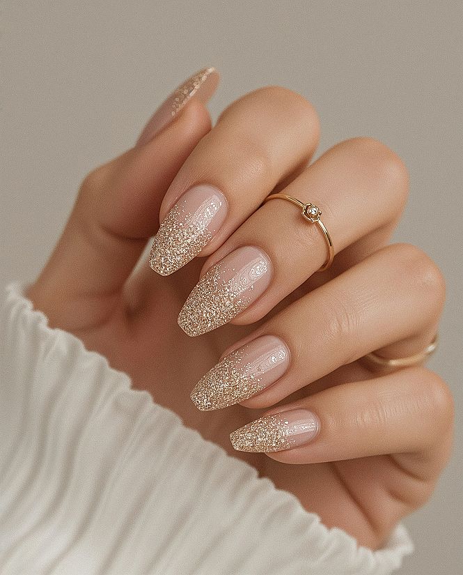 Sparkling Gold Glitter Almond Nails: Ultimate Fancy & Classy Nail Art