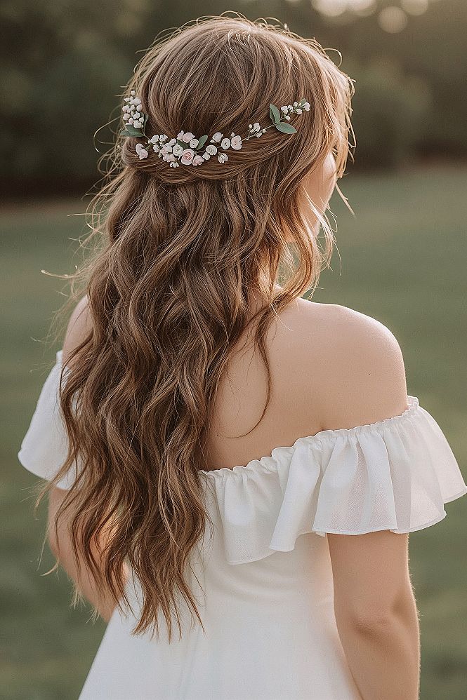 Dreamy Bridal Half Updo with Flowers: Romantic Wedding Hair Inspiration
