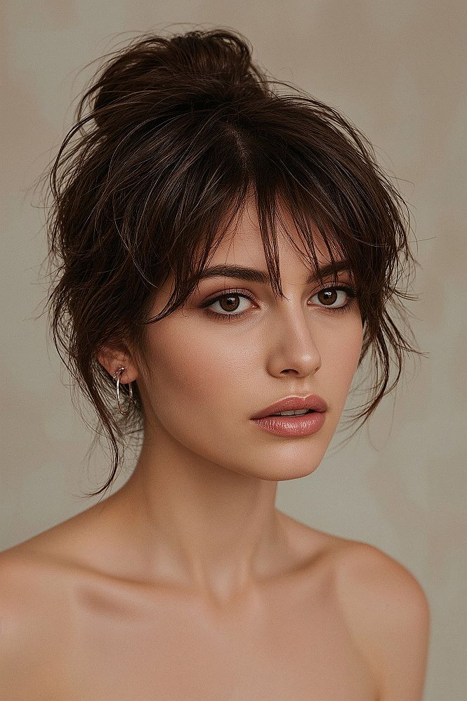 Modern Upstyle Long Hair with Trendy Curtain Bangs