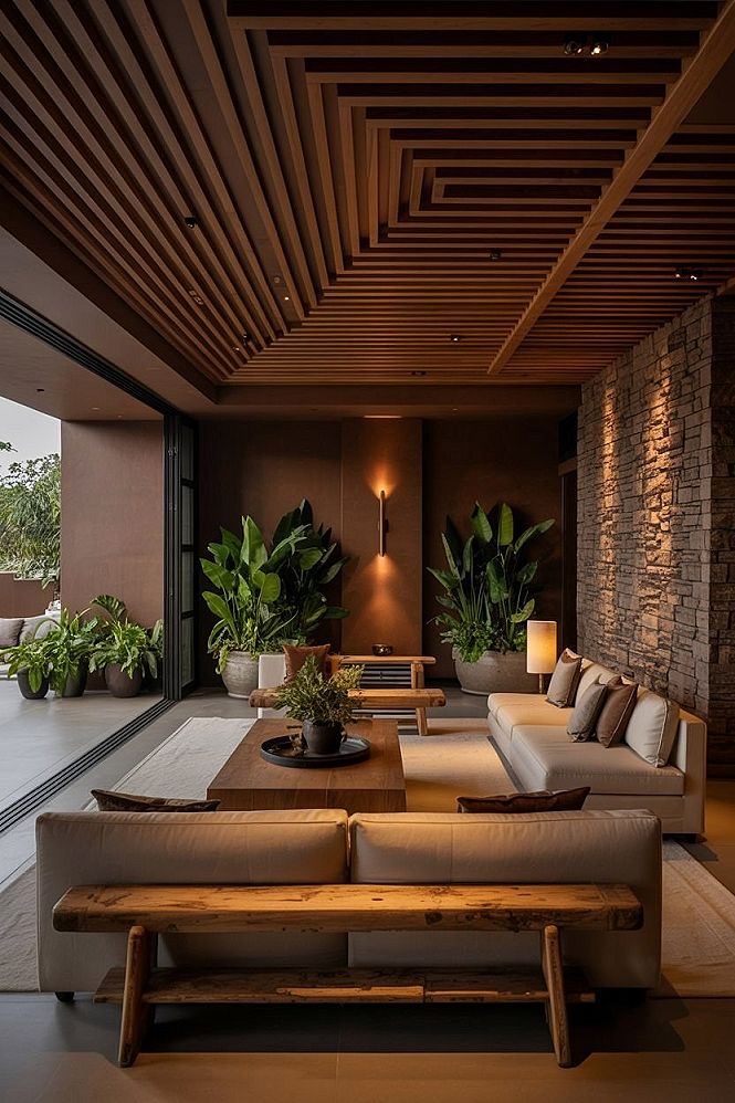 Luxury Modern Living Room: Organic Minimalism Meets Stone Wall Elegance