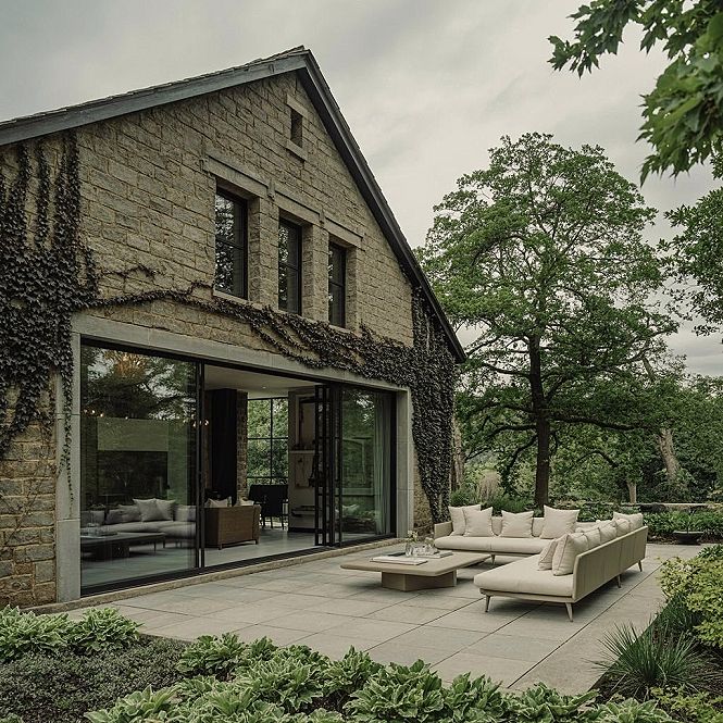 Elegant Countryside Stone House: Modern Rustic Retreat