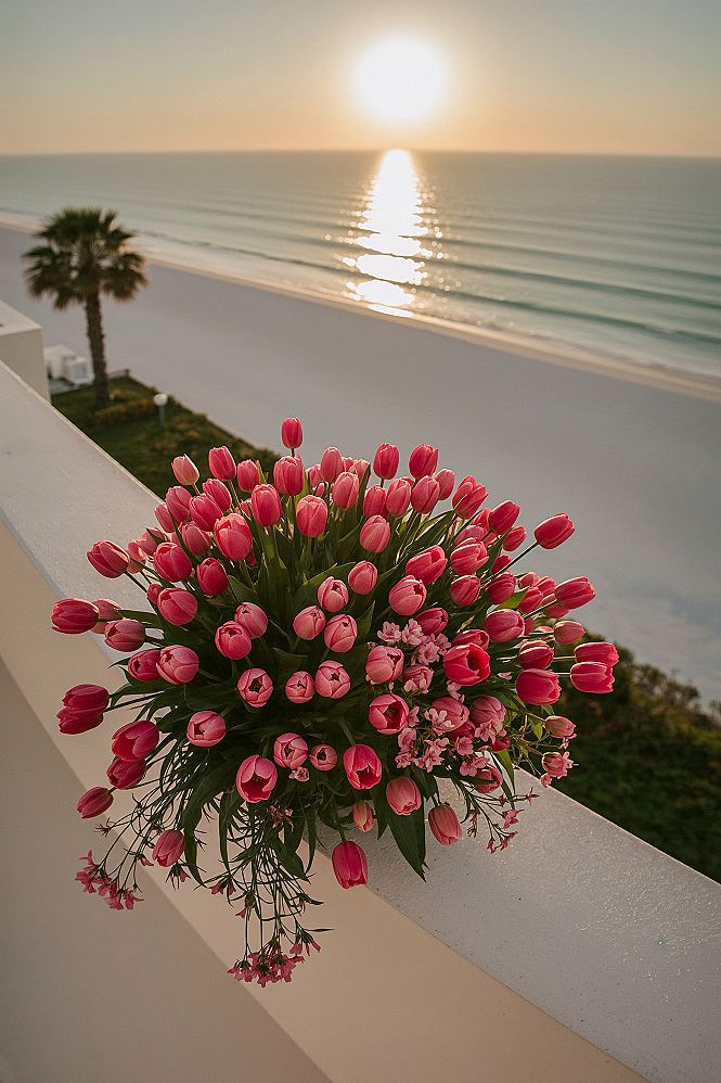 Dreamy Beach Sunset: Pink Tulips & Serene Ocean Views for iPhone