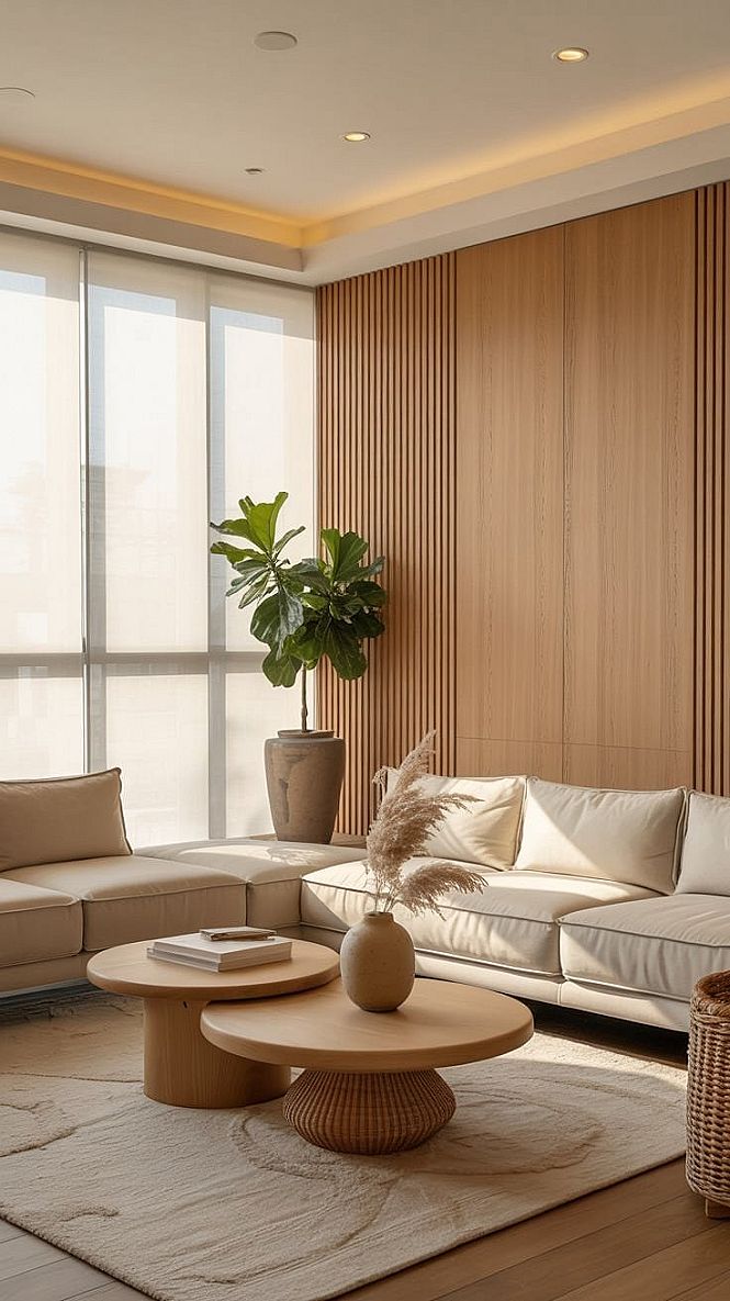 Japandi Living Room: Wood Slat Walls for Serene Small Home Offices