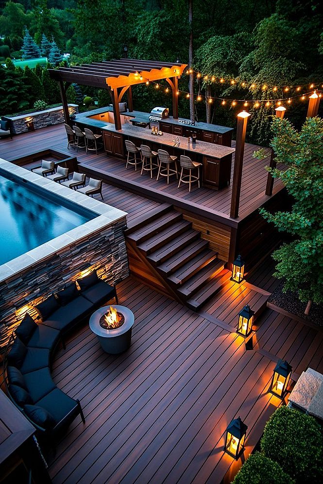 Dreamy Above Ground Pool Deck: Modern Oasis with Rock Garden & Fire Pit