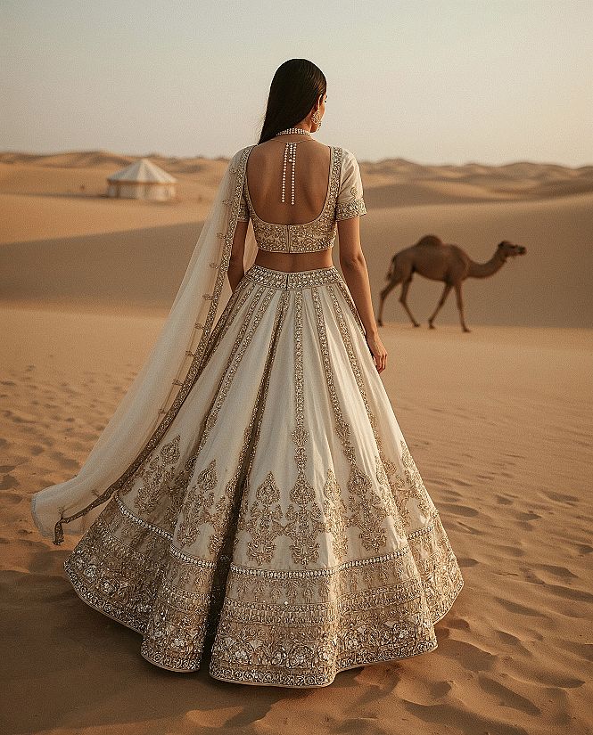 Timeless Elegance: Cream & Gold Embroidered Silk Bridal Lehenga