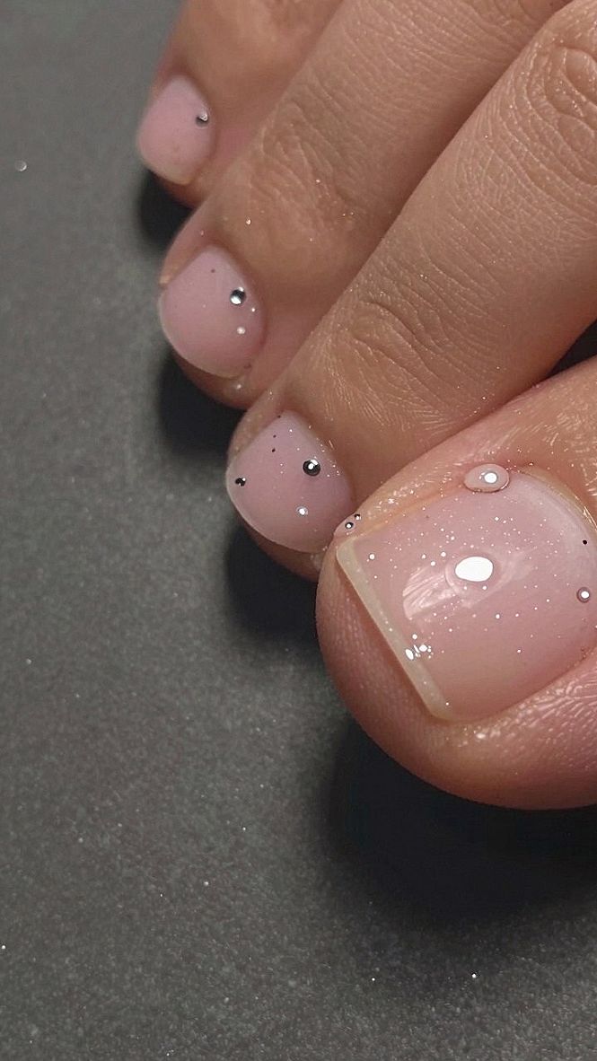Sparkling Rhinestone Accents and Metallic Bead Gel Pedicures