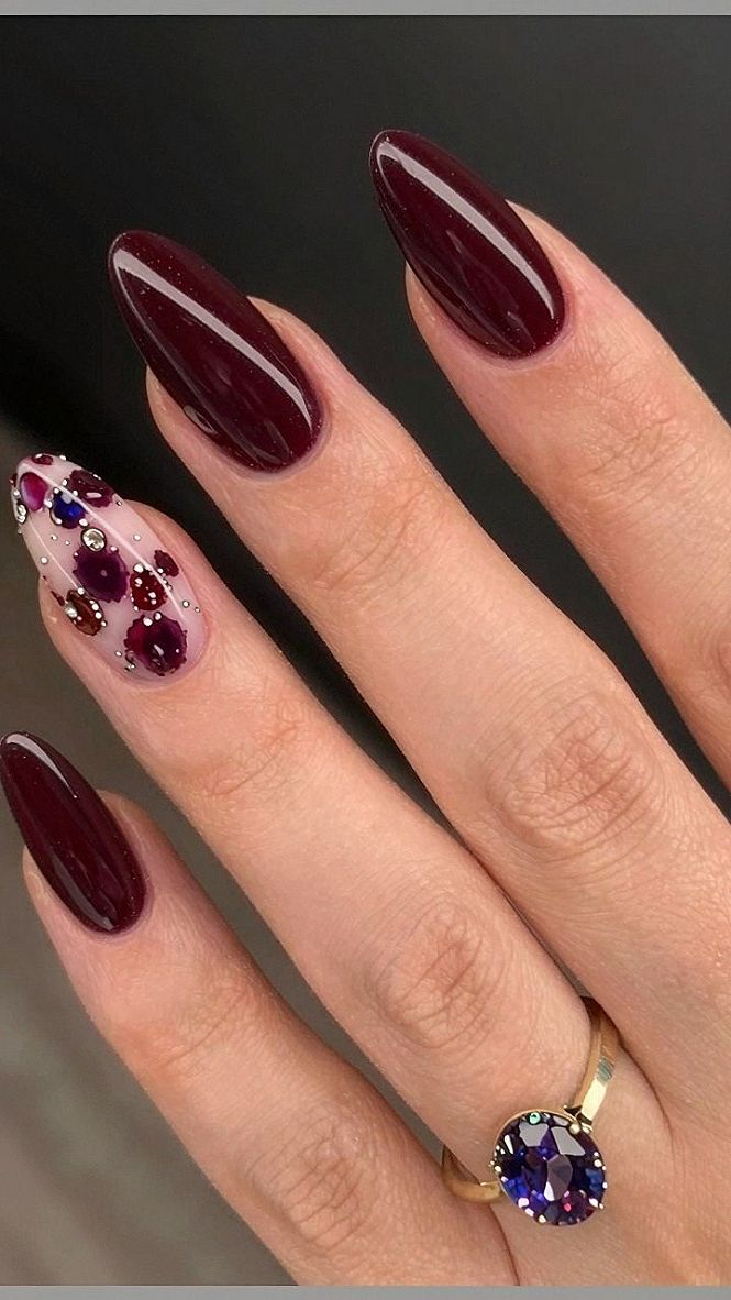 Burgundy Floral Nail Art With Gemstone Details