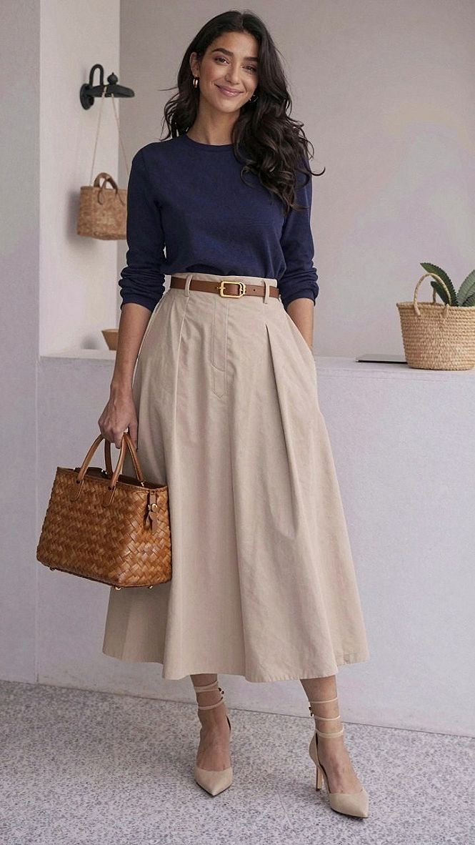 Styling A Midi Skirt With A Simple Crewneck Sweater