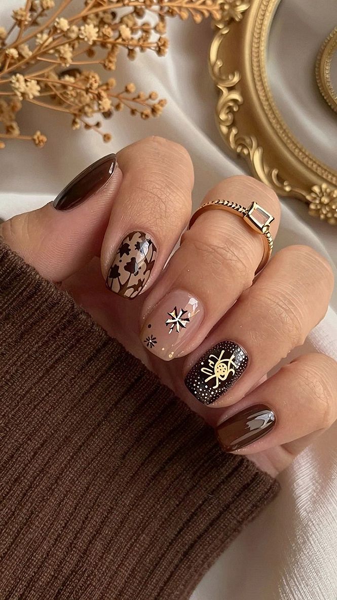Rich Chocolate Brown Nails With Detailed Gold Nail Art