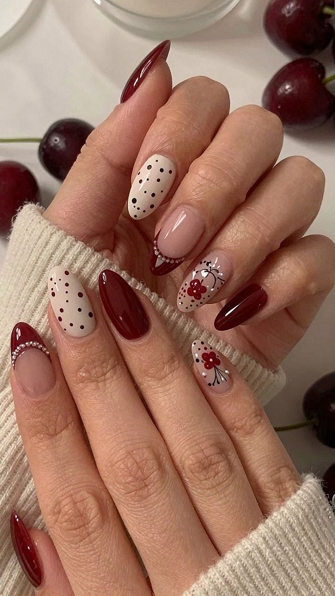 Adding Playful Polka Dots and Floral Art to Chocolate Brown Nails